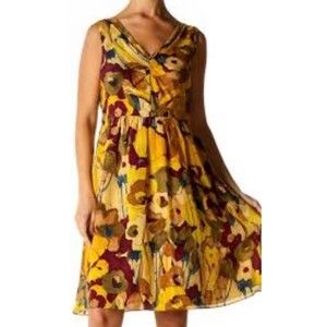 Banana Republic 100% Silk Floral  Lined Sun Dress Gold Teal Burgundy STUNNING 0
